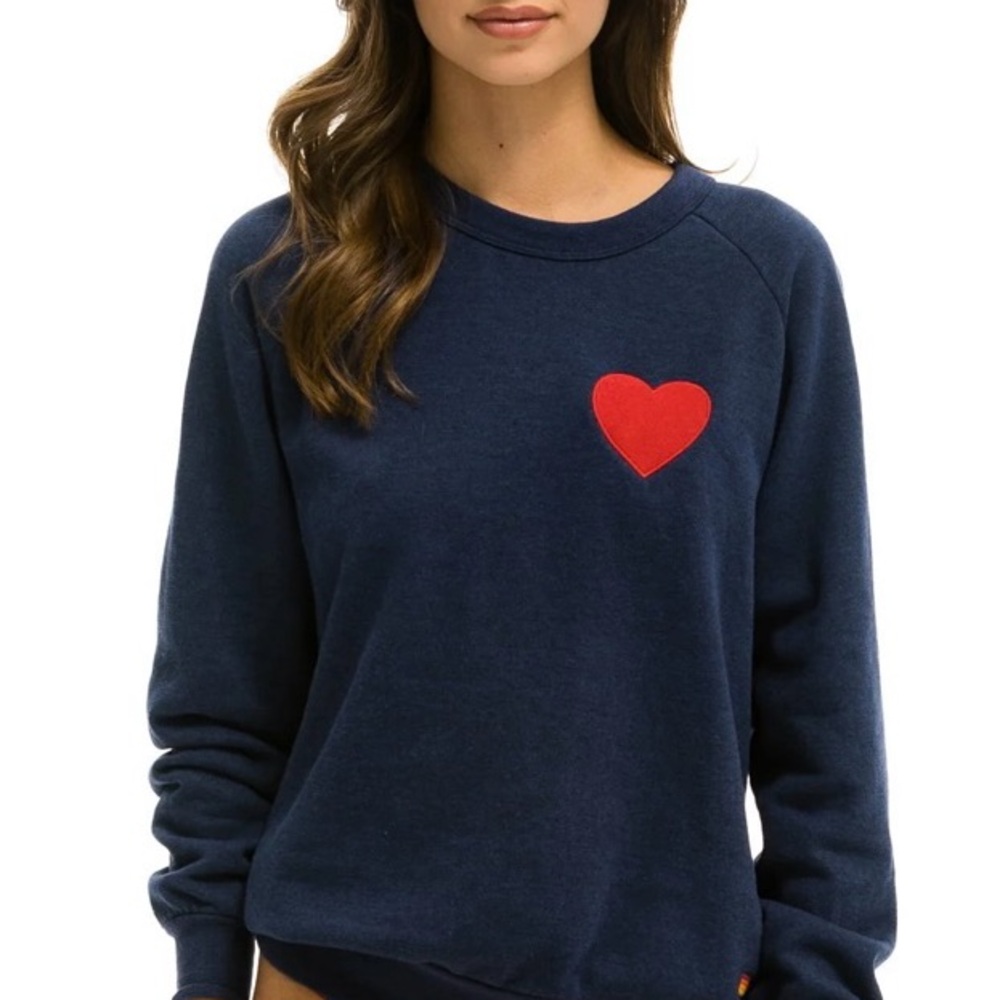 Aviator Nation Heart Embroidered Crew Sweatshirt Navy with Red Heart